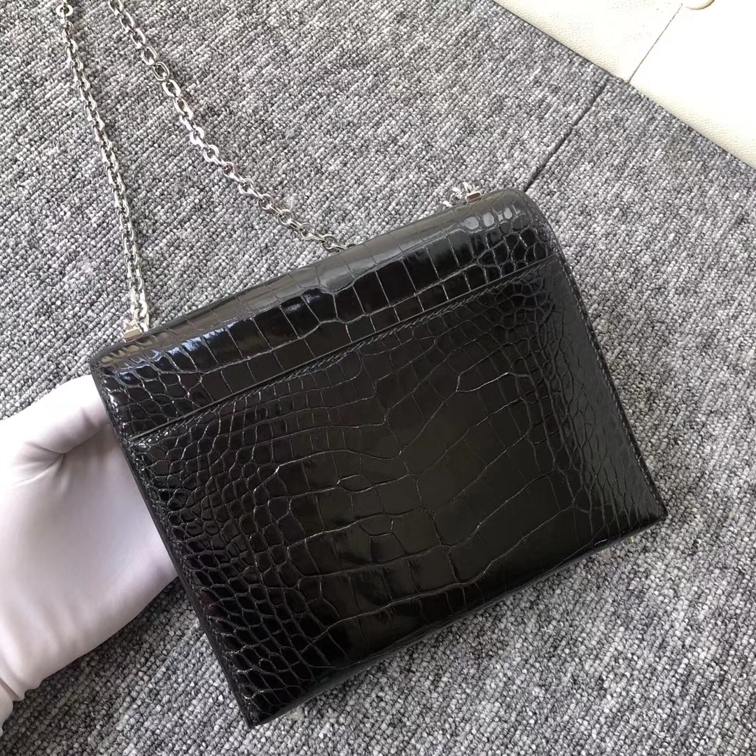 Customize Hermes CK89 Noir Shiny Crocodile Verrou Bag17.5cm Silver Hardware