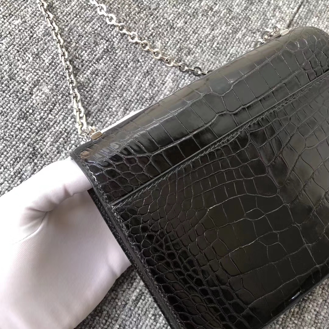 Customize Hermes CK89 Noir Shiny Crocodile Verrou Bag17.5cm Silver Hardware