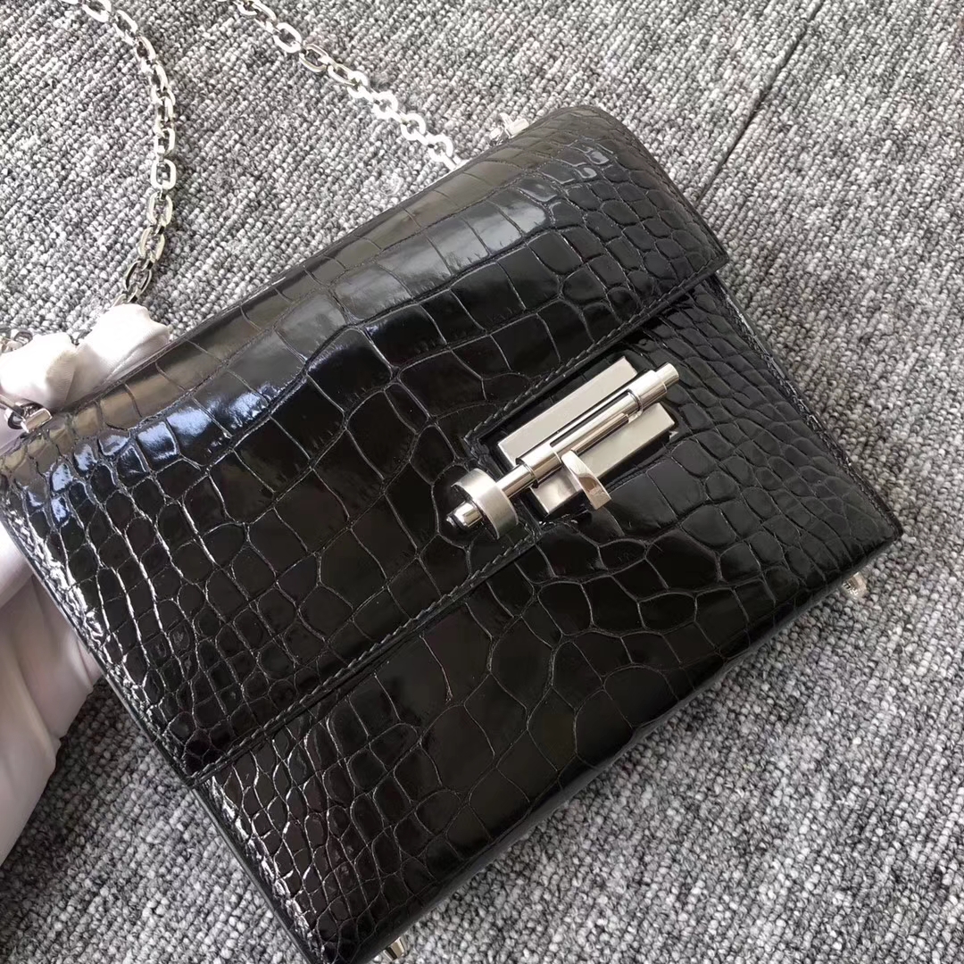 Customize Hermes CK89 Noir Shiny Crocodile Verrou Bag17.5cm Silver Hardware