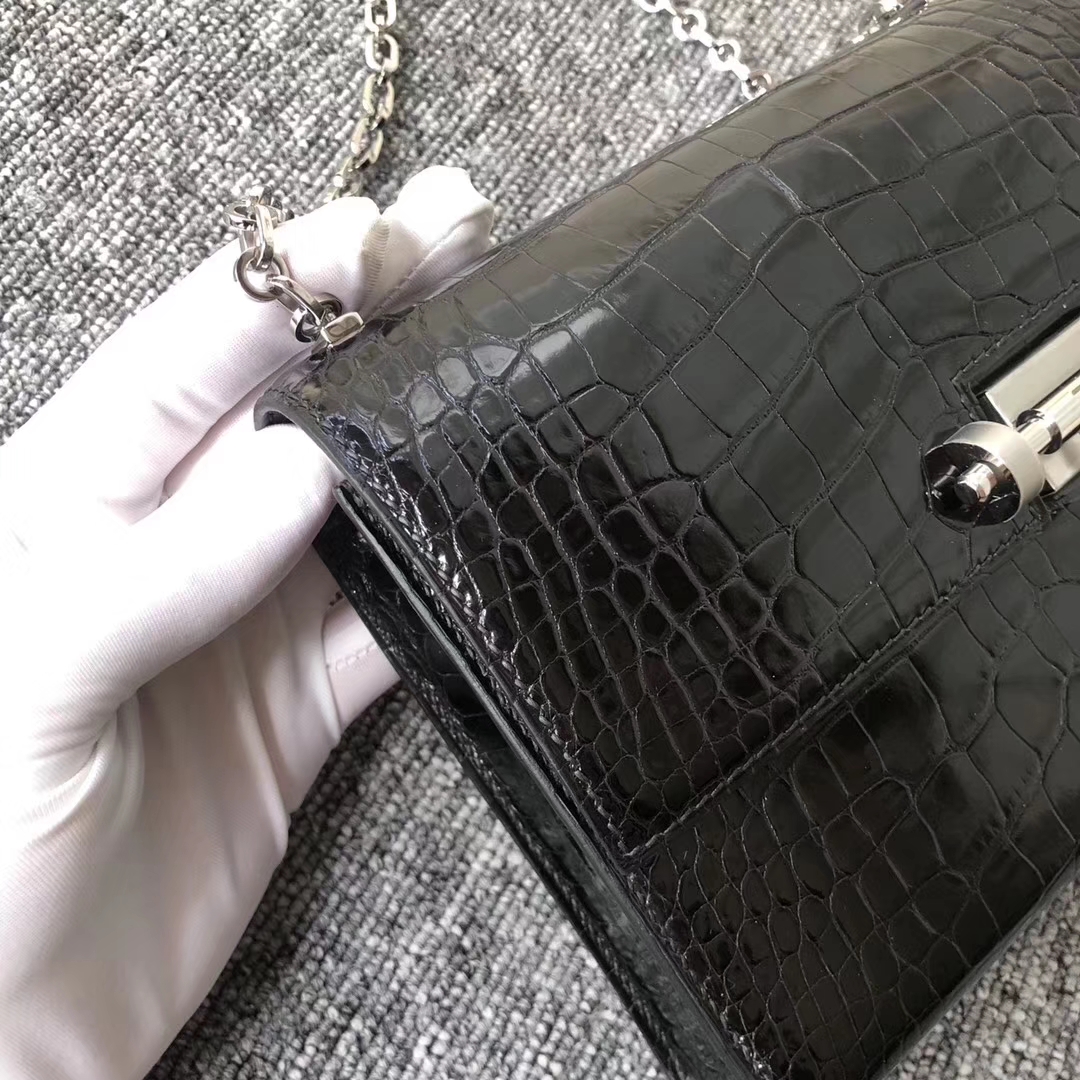 Customize Hermes CK89 Noir Shiny Crocodile Verrou Bag17.5cm Silver Hardware