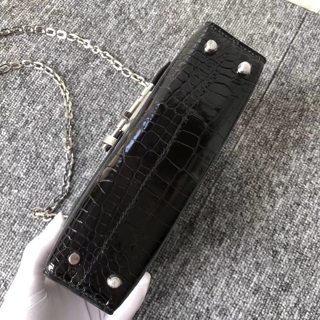 Customize Hermes CK89 Noir Shiny Crocodile Verrou Bag17.5cm Silver Hardware