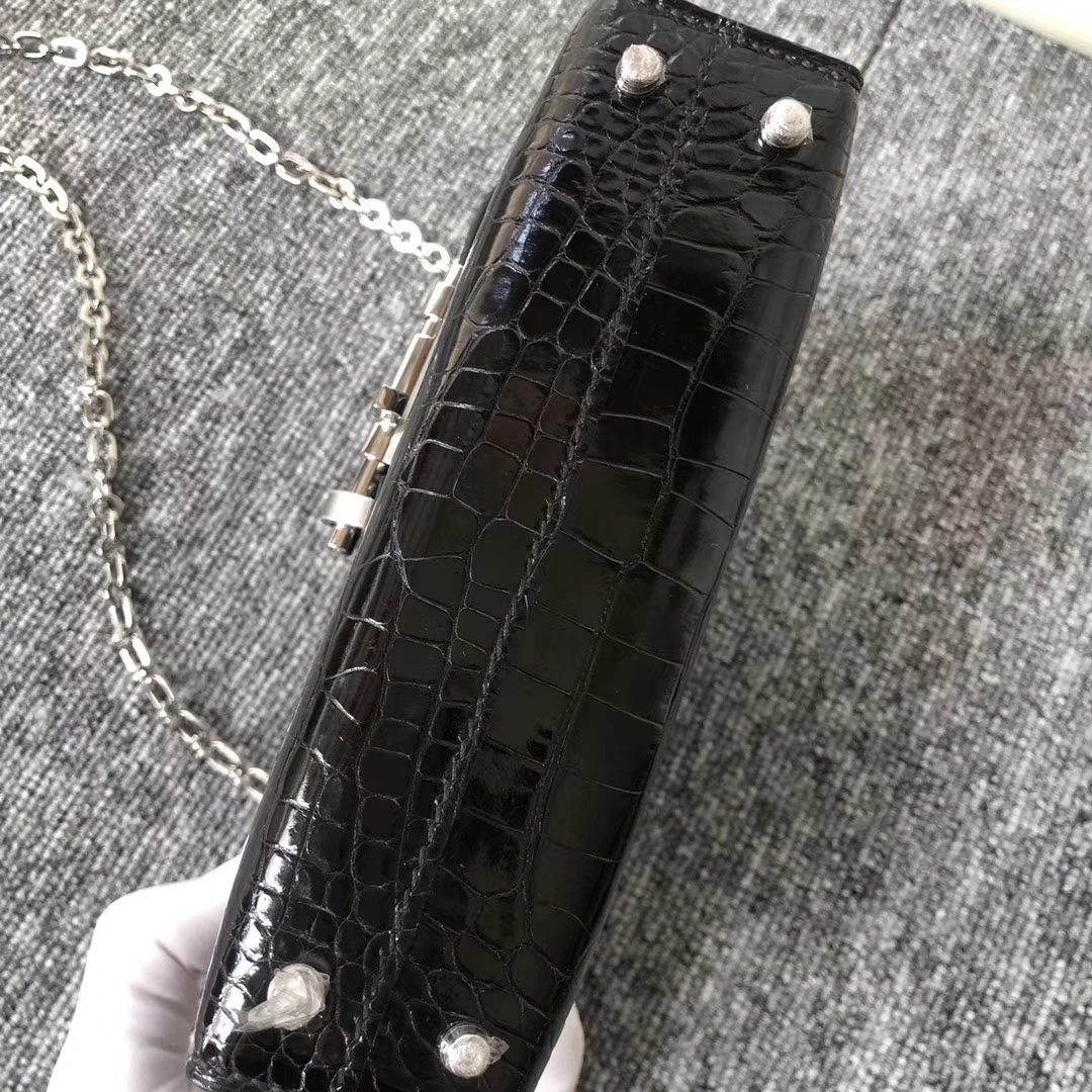 Customize Hermes CK89 Noir Shiny Crocodile Verrou Bag17.5cm Silver Hardware