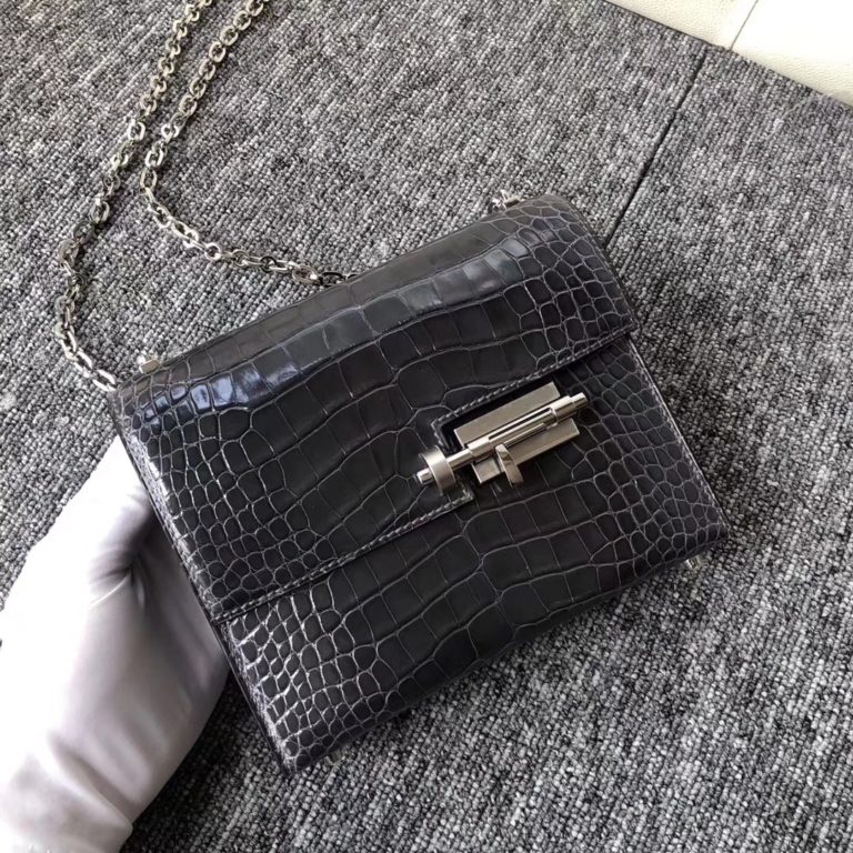 Hermes Shiny Crocodile Verrou Shoulder Bag in CK88 Gris Graphite Silver Hardware