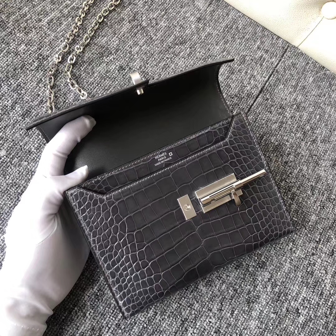 Fashion Hermes Shiny Crocodile Verrou Shoulder Bag in CK88 Gris Graphite Silver Hardware