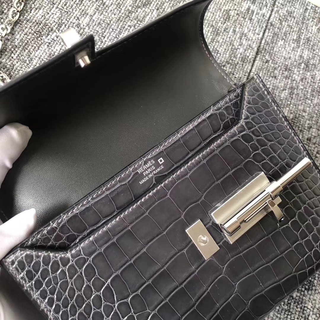 Fashion Hermes Shiny Crocodile Verrou Shoulder Bag in CK88 Gris Graphite Silver Hardware