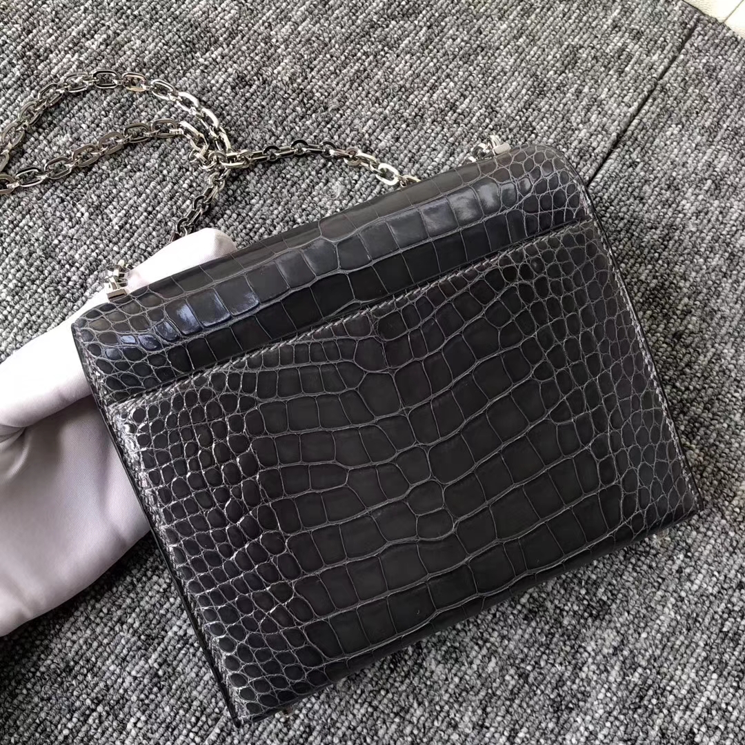Fashion Hermes Shiny Crocodile Verrou Shoulder Bag in CK88 Gris Graphite Silver Hardware