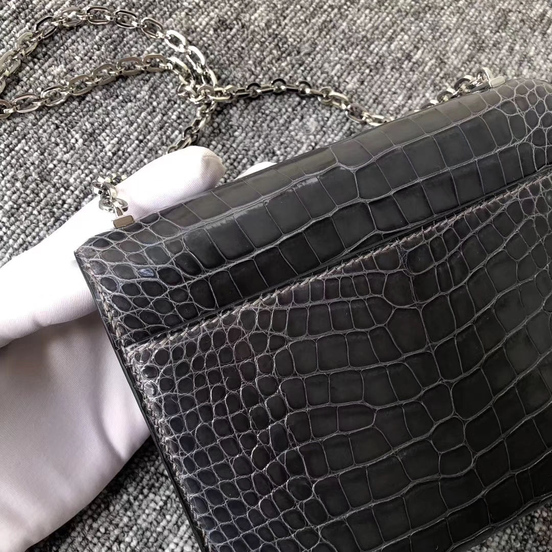 Fashion Hermes Shiny Crocodile Verrou Shoulder Bag in CK88 Gris Graphite Silver Hardware