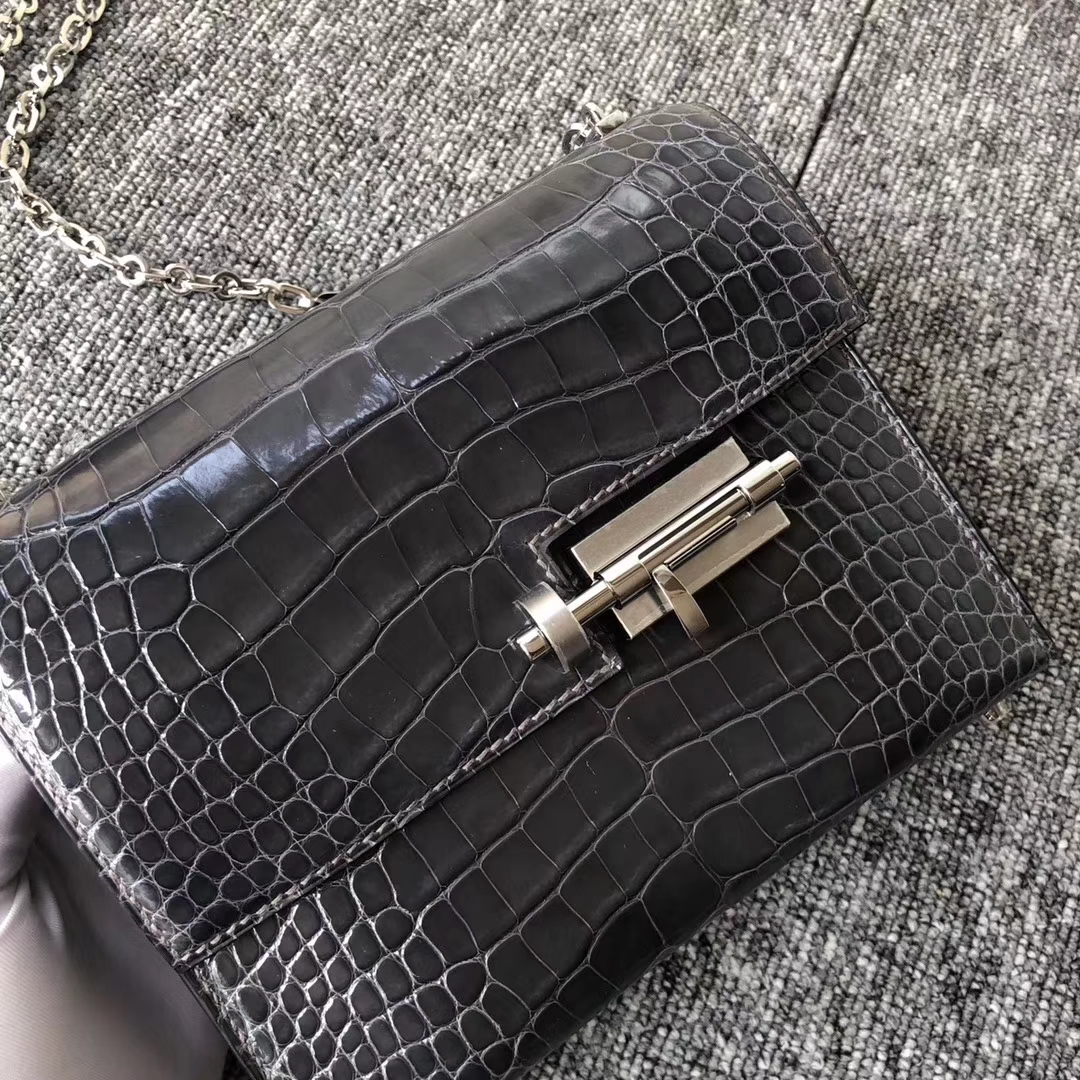 Fashion Hermes Shiny Crocodile Verrou Shoulder Bag in CK88 Gris Graphite Silver Hardware