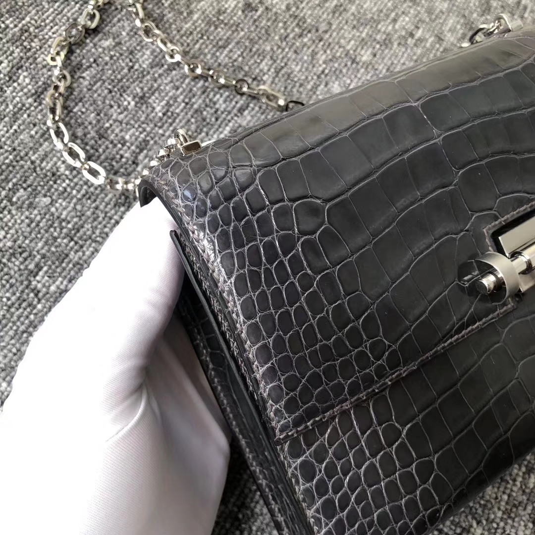 Fashion Hermes Shiny Crocodile Verrou Shoulder Bag in CK88 Gris Graphite Silver Hardware