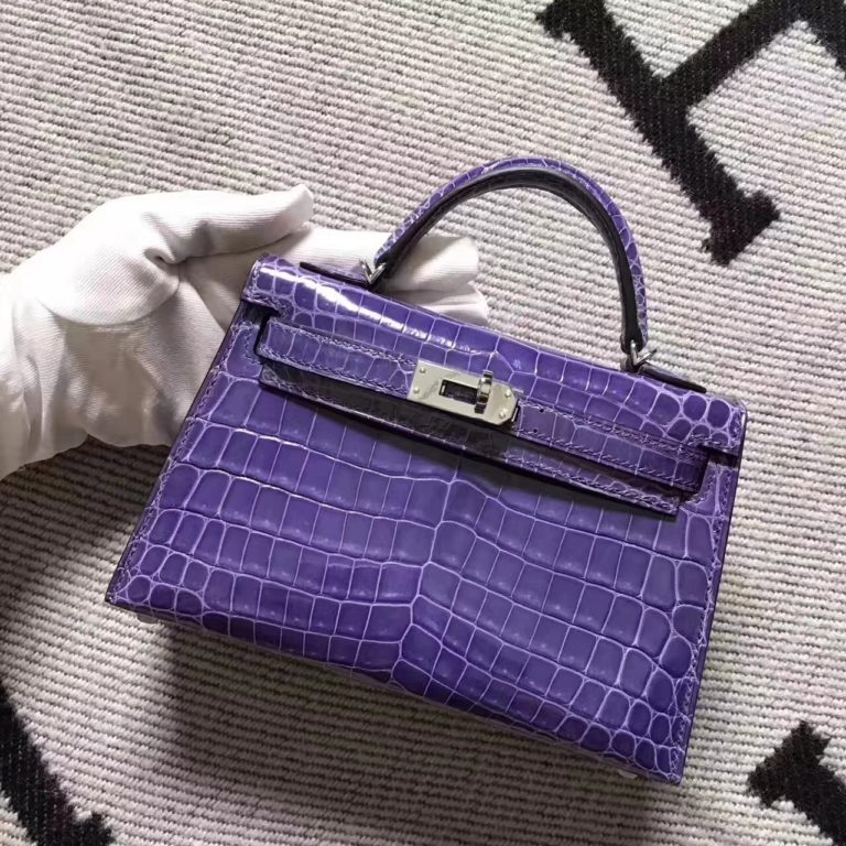 Hermes Lavender Purple Crocodile Shiny Leather Minikelly-2 Clutch Bag