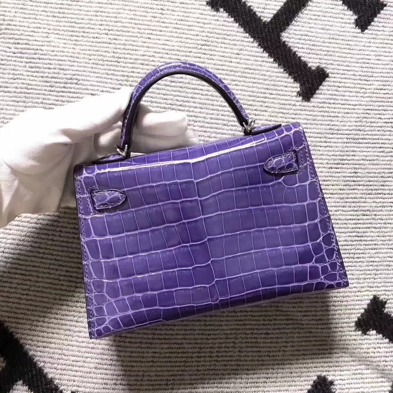 New Pretty Hermes Lavender Purple Crocodile Shiny Leather Minikelly-2 Clutch Bag