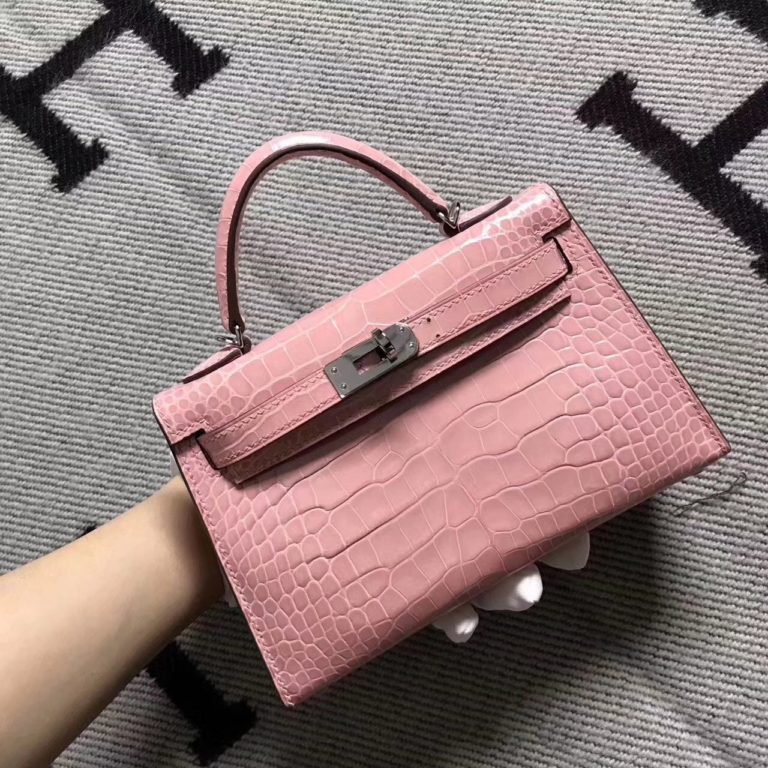Hermes Clutch Bag Pink Crocodile Shiny Leather Minikelly-2 Handbag