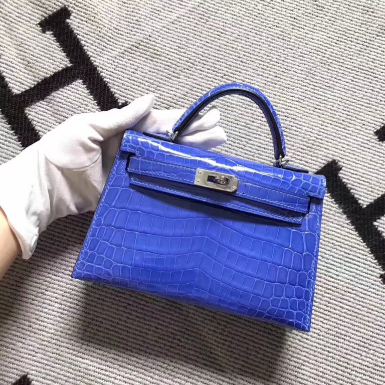 Hermes Blue Izmir  Crocodile Shiny Leather Minikelly-2 Clutch Bag