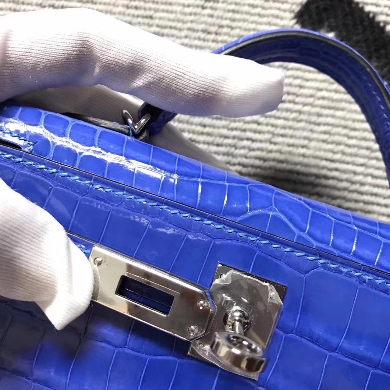 Cheap Hermes Blue Izmir  Crocodile Shiny Leather Minikelly-2 Clutch Bag