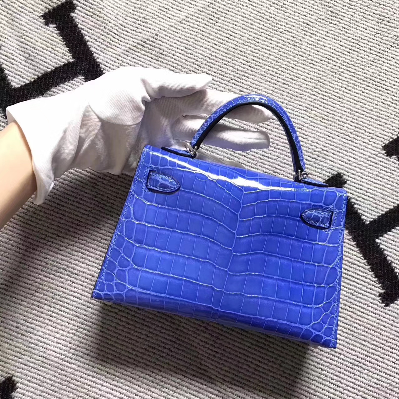 Cheap Hermes Blue Izmir  Crocodile Shiny Leather Minikelly-2 Clutch Bag