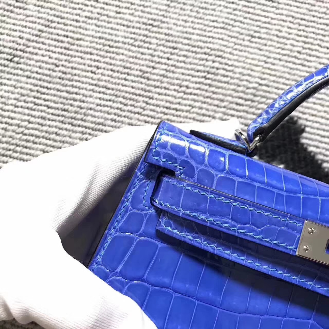 Cheap Hermes Blue Izmir  Crocodile Shiny Leather Minikelly-2 Clutch Bag