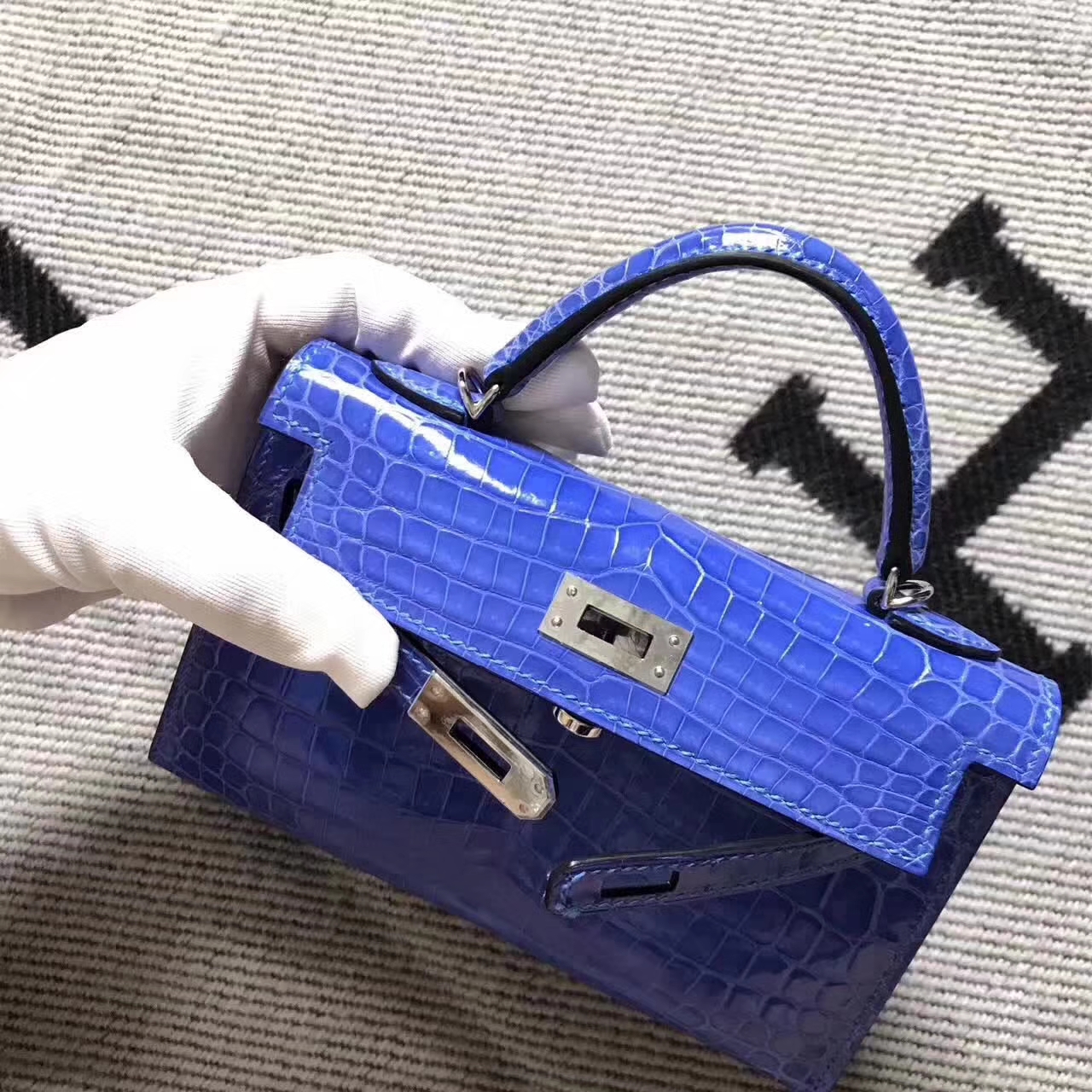 Cheap Hermes Blue Izmir  Crocodile Shiny Leather Minikelly-2 Clutch Bag