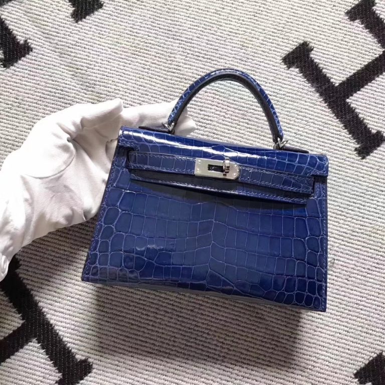Hermes Minikelly-2 Clutch Bag in Blue Saphir Crocodile Shiny Leather