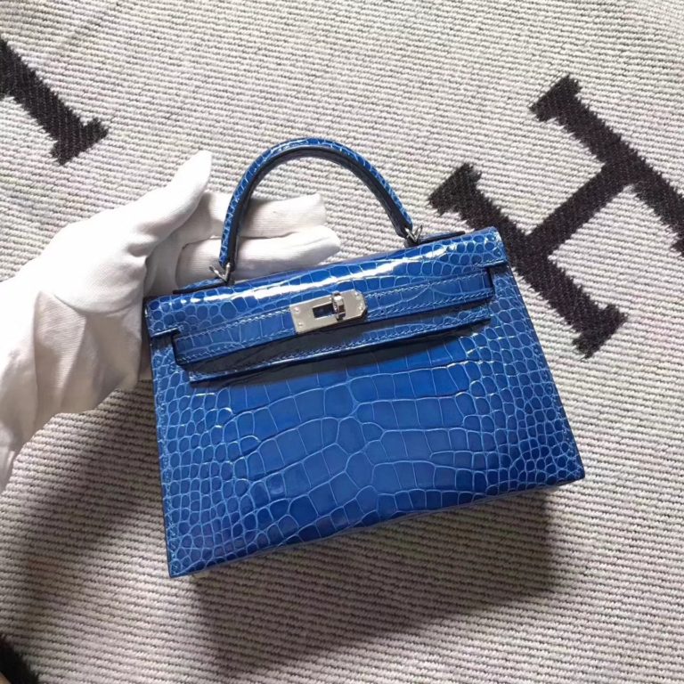 Hermes Blue Crocodile Shiny Leather Minikelly-2 Clutch Bag