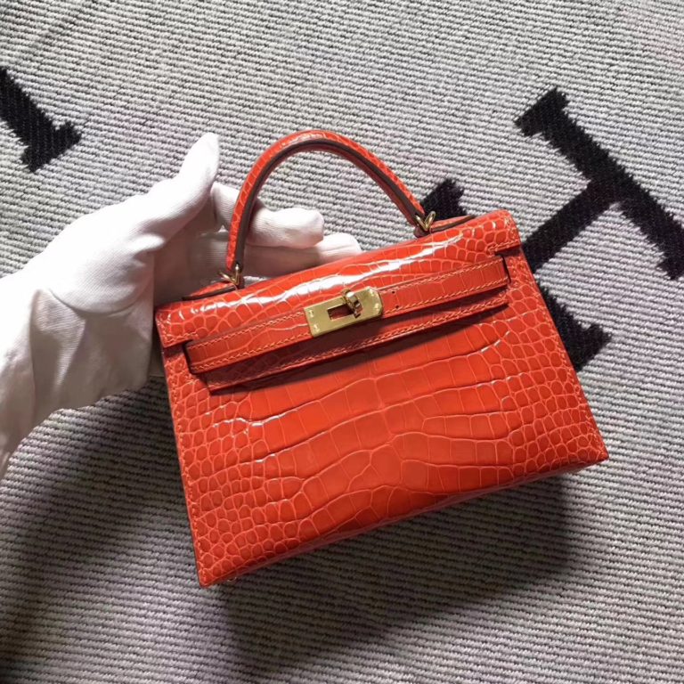 Hermes Minikelly-2 Orange Crocodile Shiny Leather Clutch Handbag