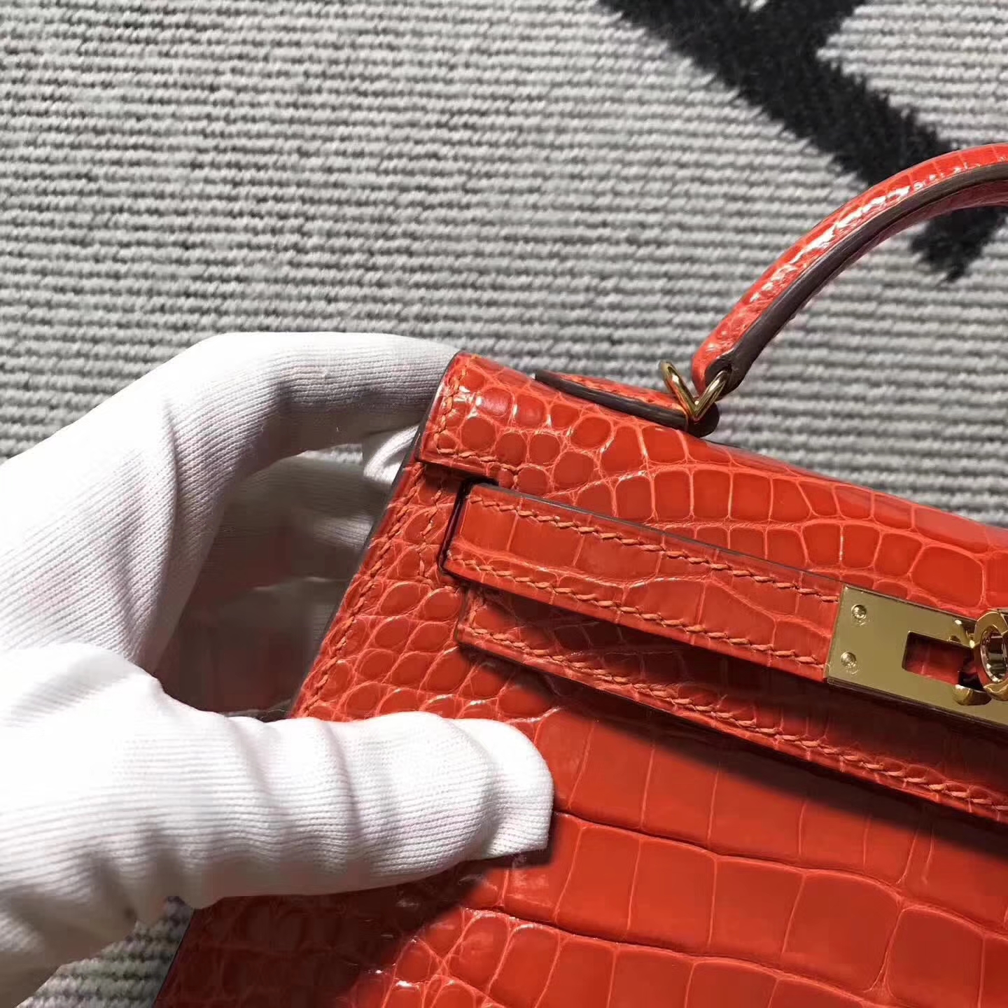 Wholesale Hermes Minikelly-2 Orange Crocodile Shiny Leather Clutch Handbag