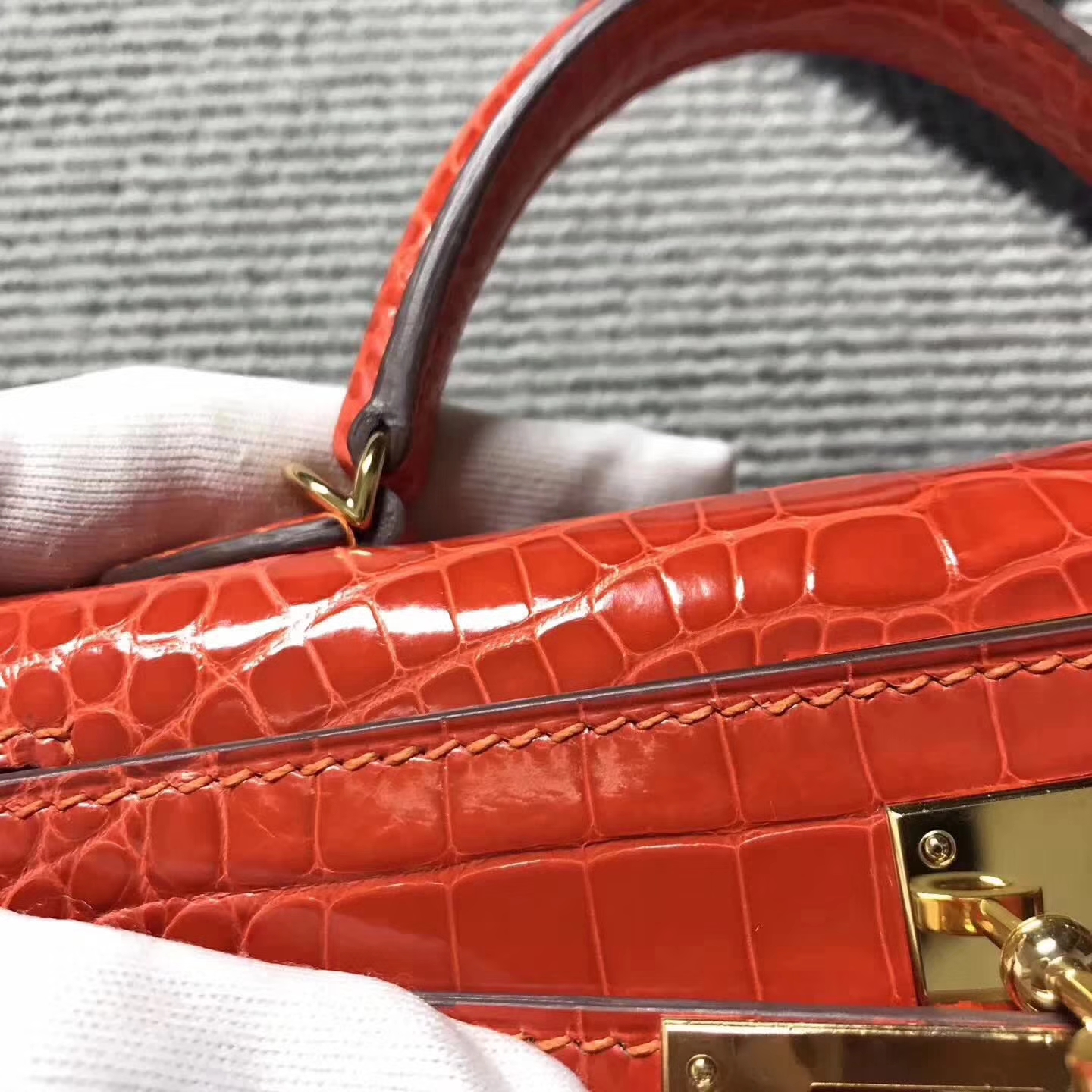 Wholesale Hermes Minikelly-2 Orange Crocodile Shiny Leather Clutch Handbag