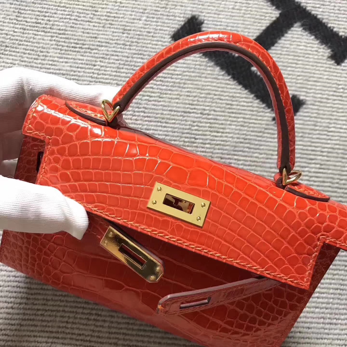 Wholesale Hermes Minikelly-2 Orange Crocodile Shiny Leather Clutch Handbag