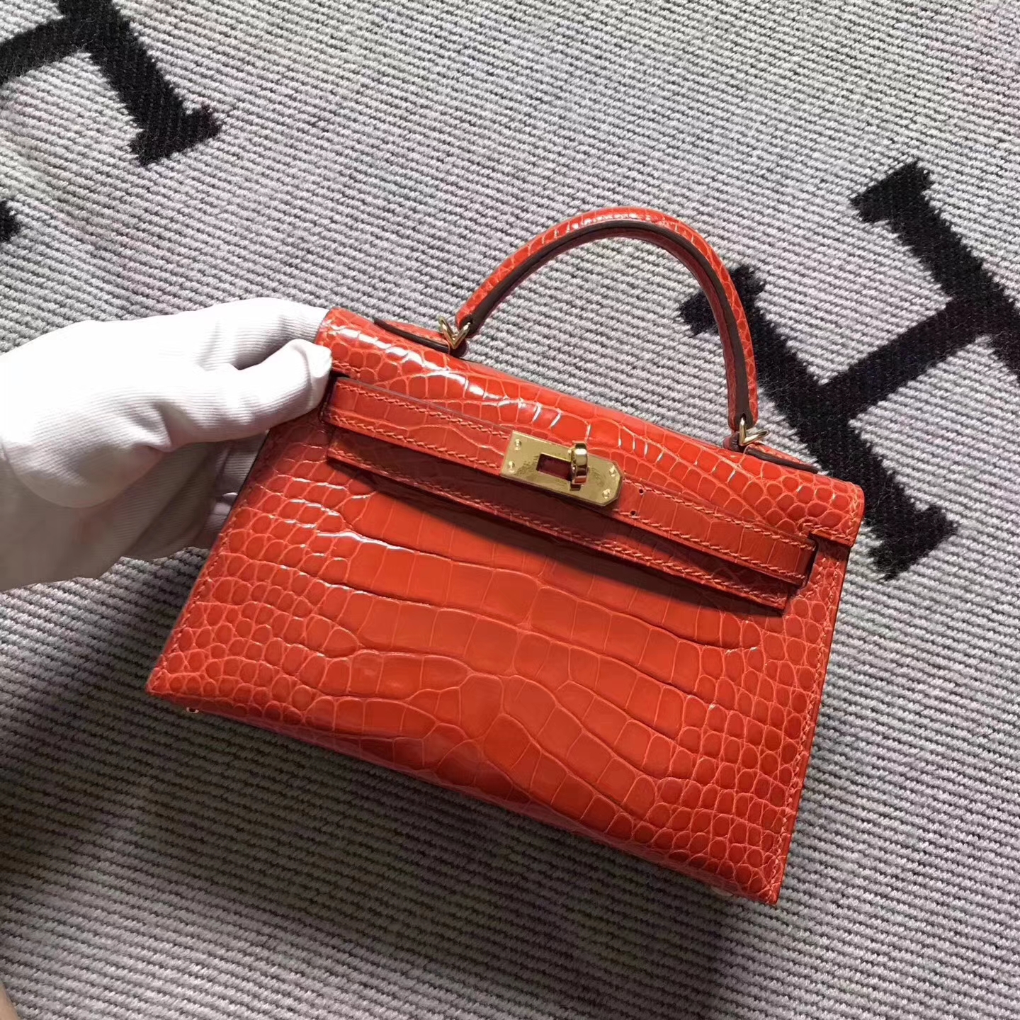 Wholesale Hermes Minikelly-2 Orange Crocodile Shiny Leather Clutch Handbag