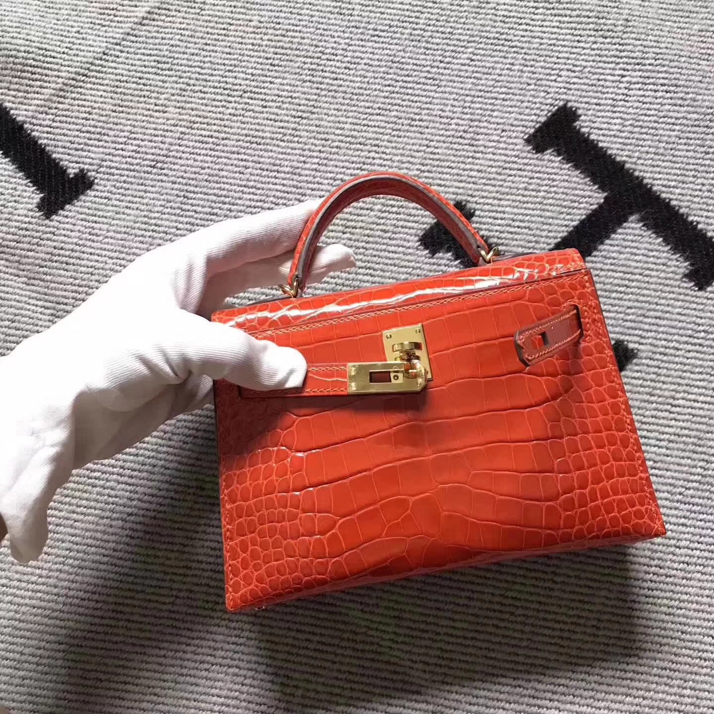 Wholesale Hermes Minikelly-2 Orange Crocodile Shiny Leather Clutch Handbag