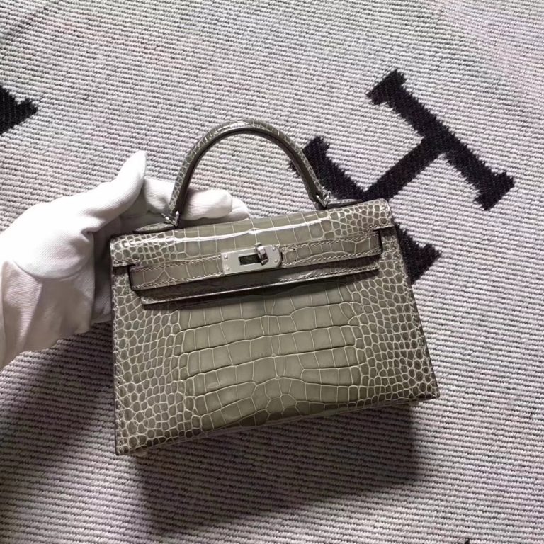 Hermes Etoupe Grey Crocodile Shiny Minikelly-2 Clutch Bag