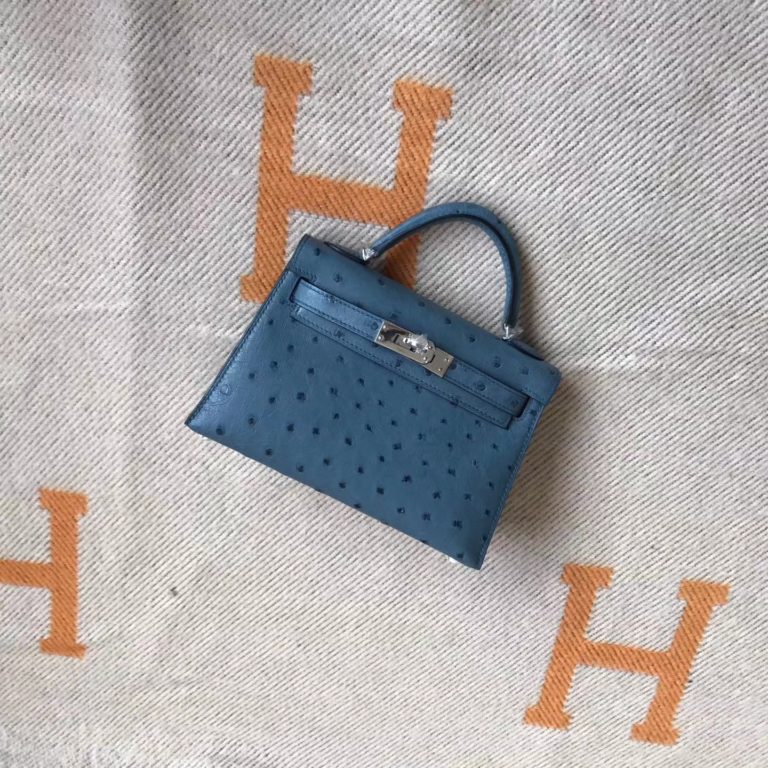 Hermes Coral Blue Ostrich Leather Minikelly-2 Evening Bag 19cm Silver Hardware