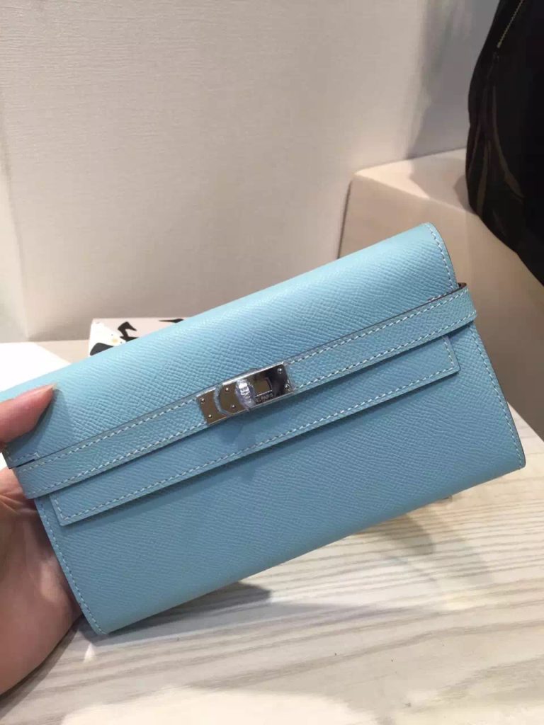 Hermes Lagon Blue Epsom Leather Kelly Wallet Clutch Bag