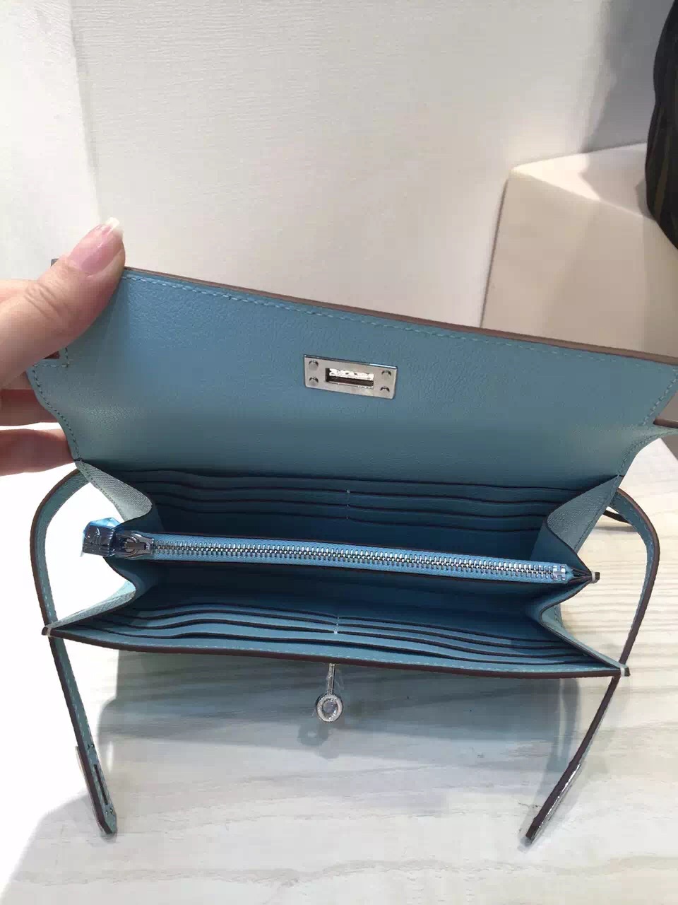 Hot Sale Hermes Lagon Blue Epsom Leather Kelly Wallet Clutch Bag