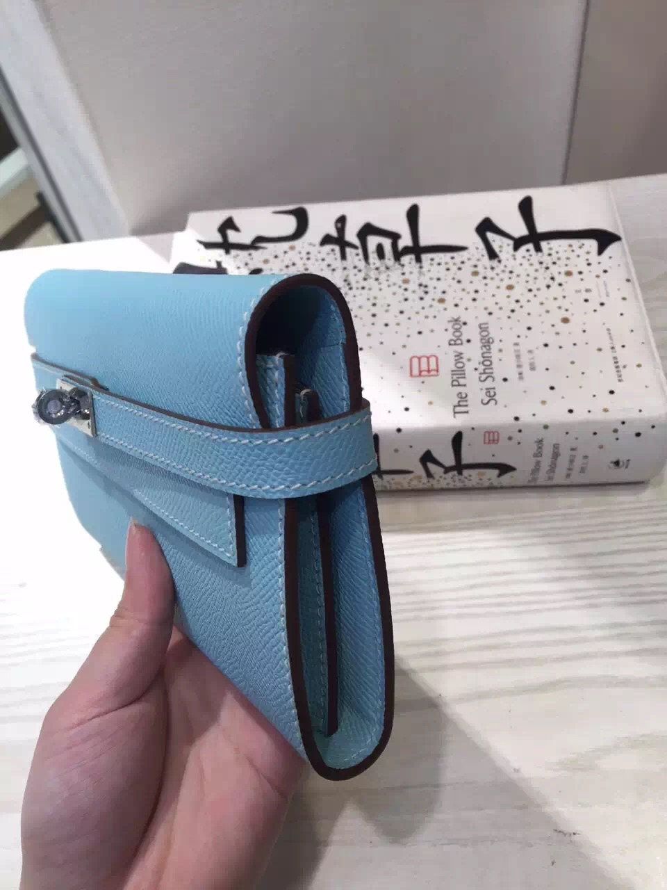 Hot Sale Hermes Lagon Blue Epsom Leather Kelly Wallet Clutch Bag