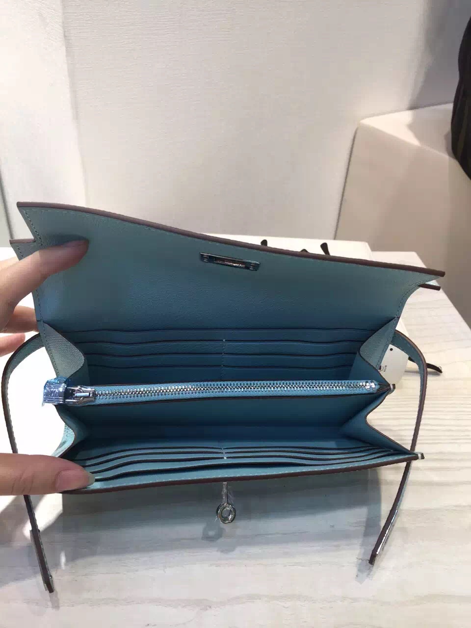 Hot Sale Hermes Lagon Blue Epsom Leather Kelly Wallet Clutch Bag