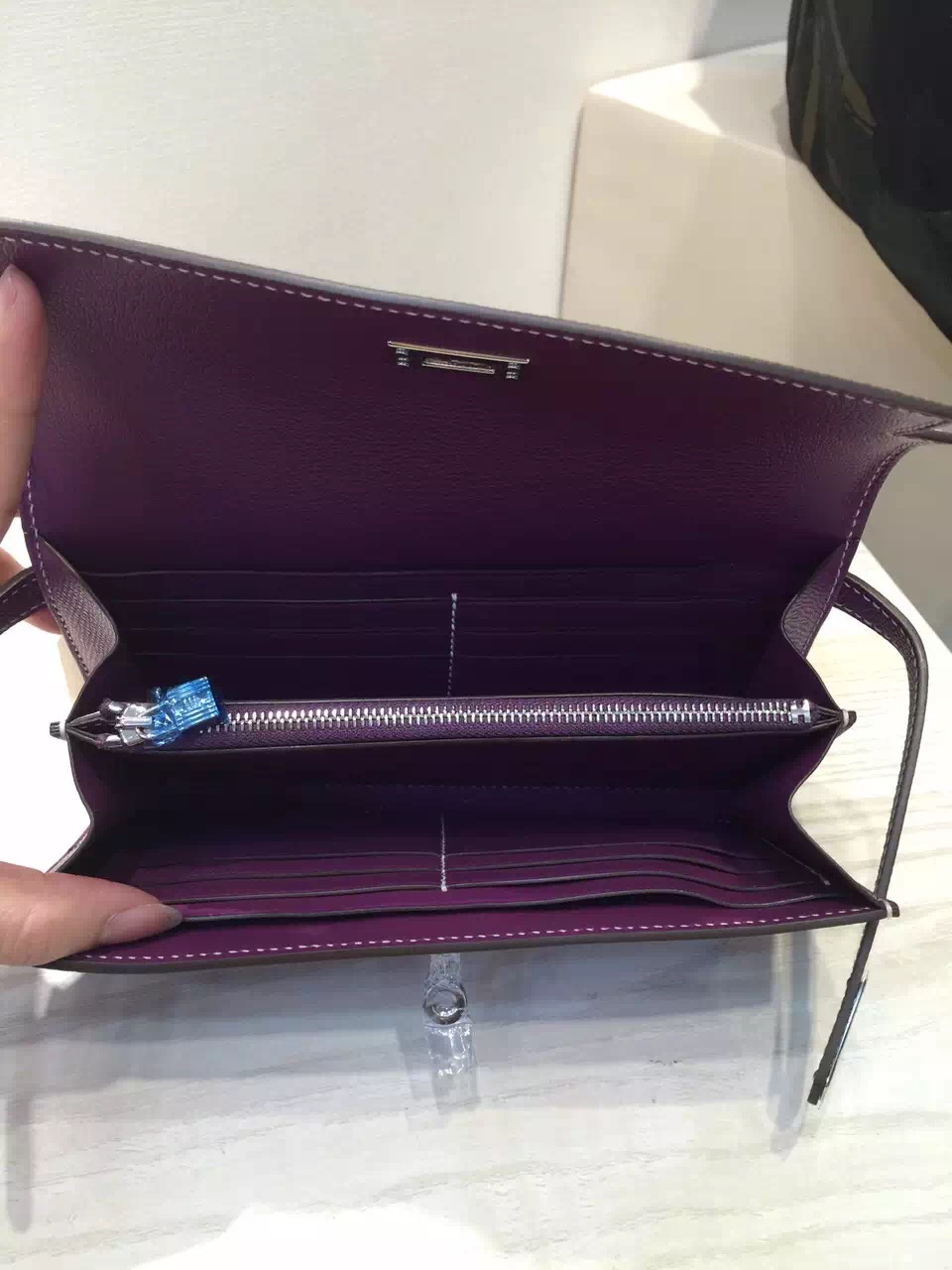 Hand Stitching Hermes Kelly Wallet France Epsom Leather in Purple