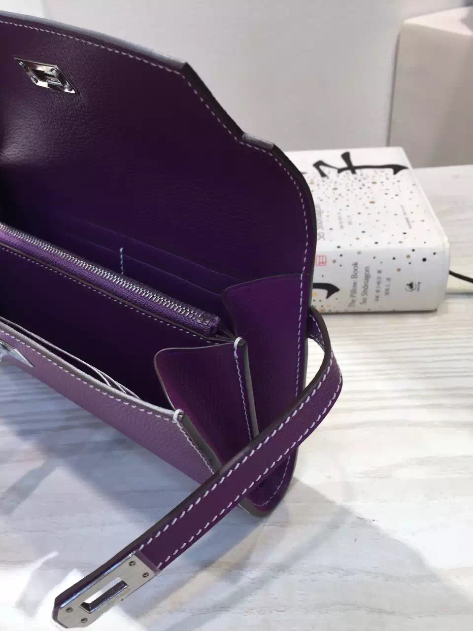 Hand Stitching Hermes Kelly Wallet France Epsom Leather in Purple