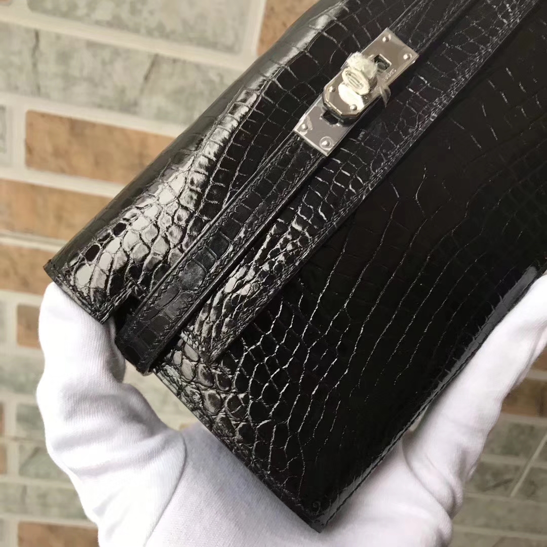Luxury Hermes CK89 Black Alligator Shiny Crocodile Kelly Wallet Clutch Bag