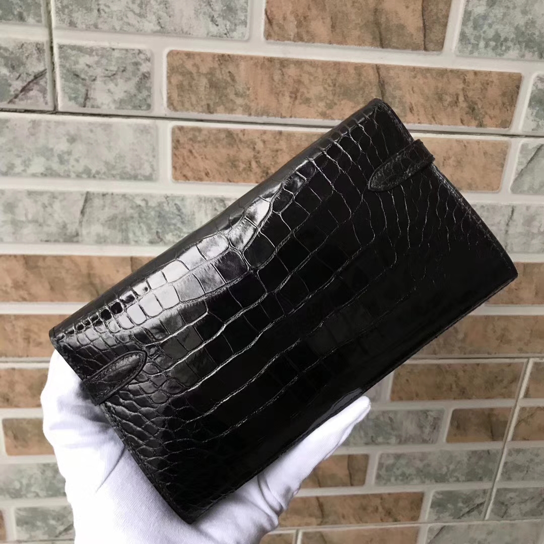 Luxury Hermes CK89 Black Alligator Shiny Crocodile Kelly Wallet Clutch Bag