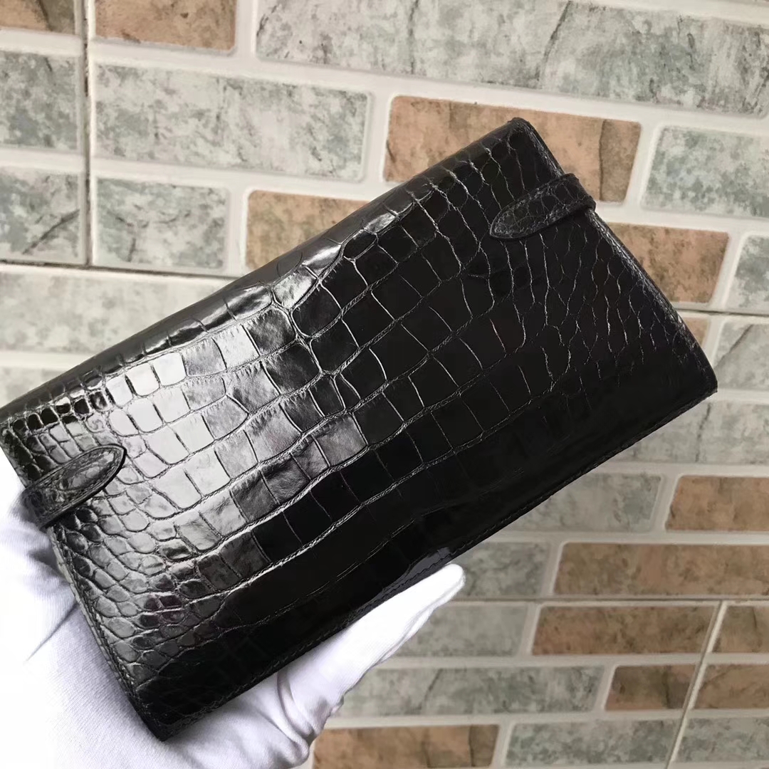 Luxury Hermes CK89 Black Alligator Shiny Crocodile Kelly Wallet Clutch Bag