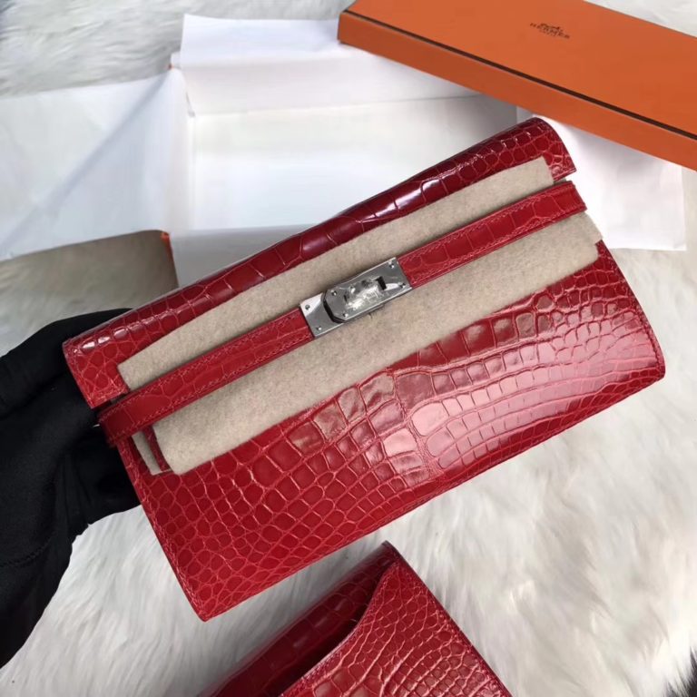 Hermes Kelly Wallet Red Shiny Crocodile Leather Clutch Bag