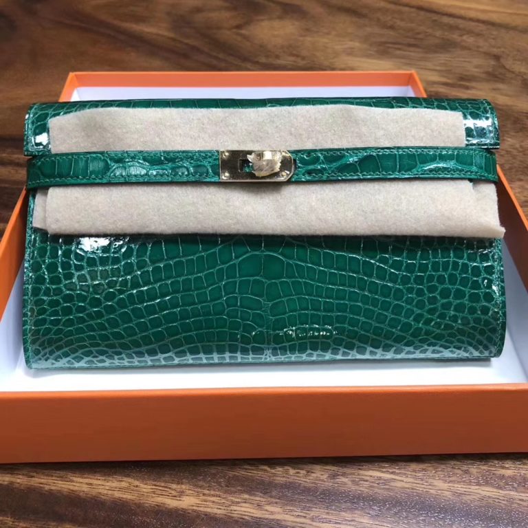 Hermes Shiny Crocodile Kelly Wallet Cluthc Bag 6Q Vert Emerald Gold Hardware
