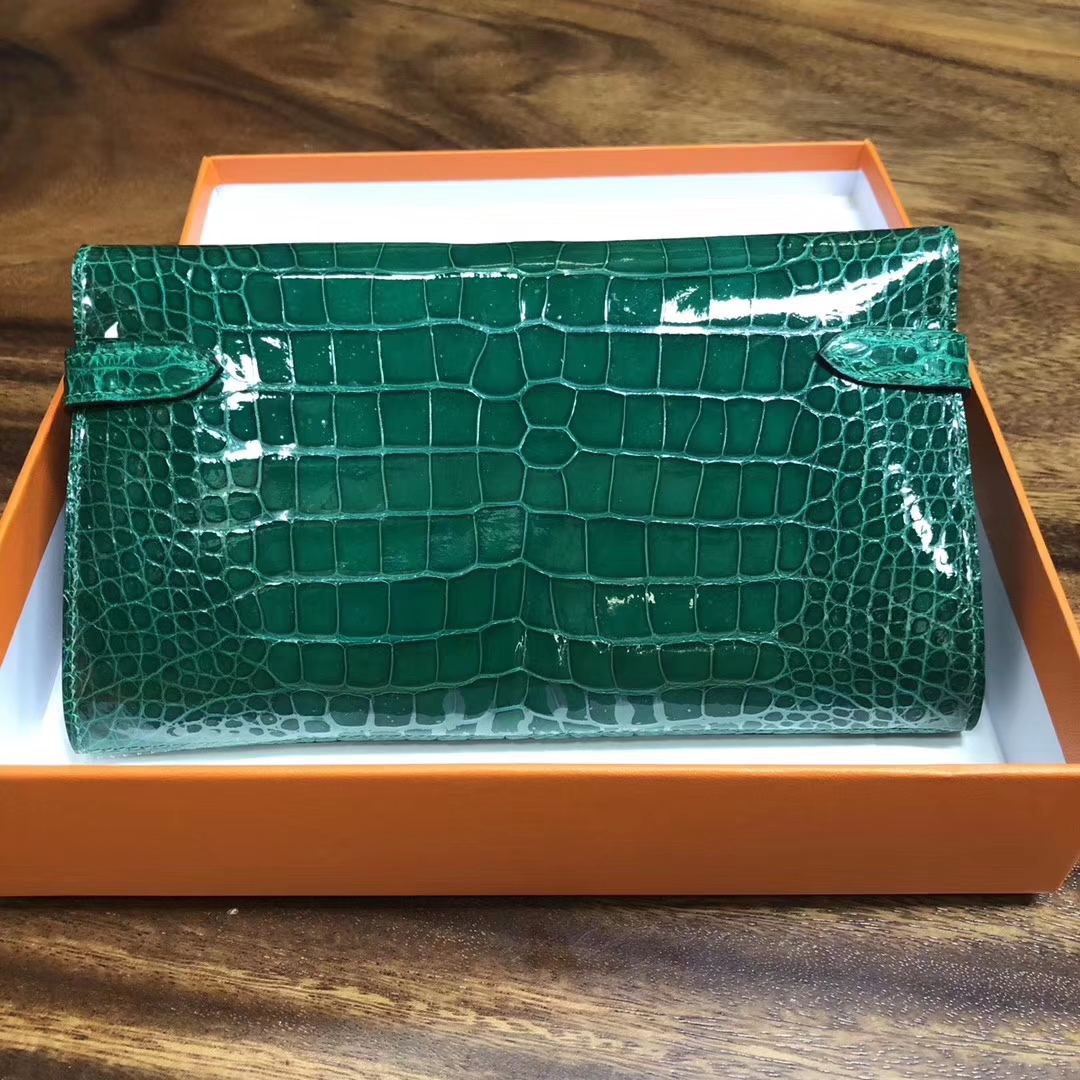 Fashion Hermes Shiny Crocodile Kelly Wallet Cluthc Bag 6Q Vert Emerald Gold Hardware