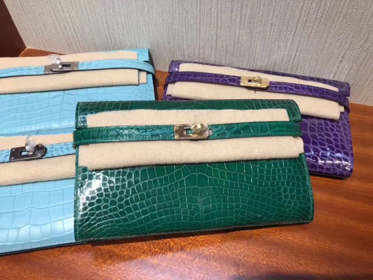 Hermes 6Q Vert Emerald Shiny Crocodile Kelly Wallet Clutch Bag Gold Hardware