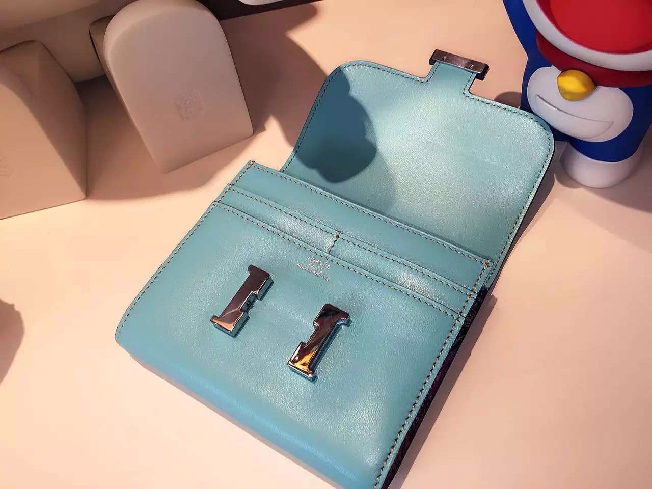 Hermes 3P Lagon Blue Swift Leather Silk’in Small Constance Wallet 14CM