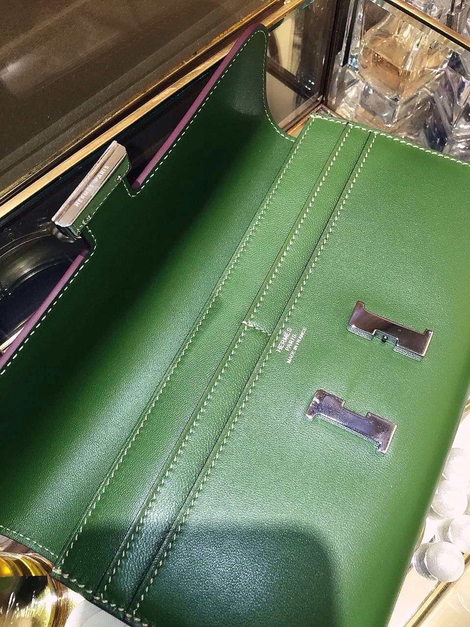 Discount Hermes Silk’in Constance Long Wallet V6 Olive Green Swift Leather 21CM