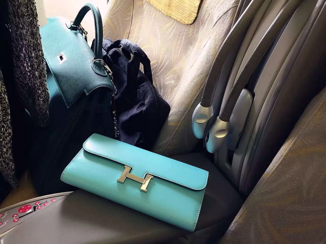 Hand Stitching Hermes 3P Lagon Blue Swift Leather Silk’in Constance Long Wallet21CM