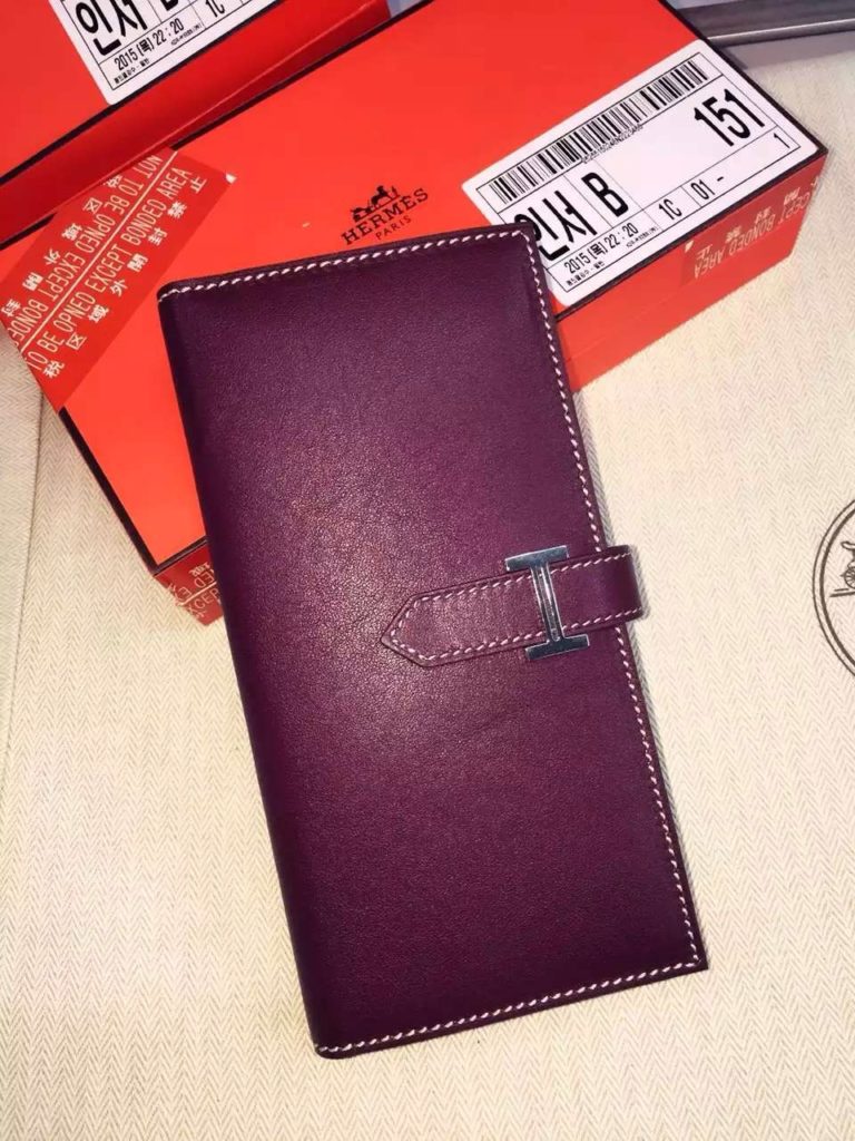 Hand Stitching Hermes Swift Leather Bean Wallet Long Purse in CK57 Bordeaux  19CM