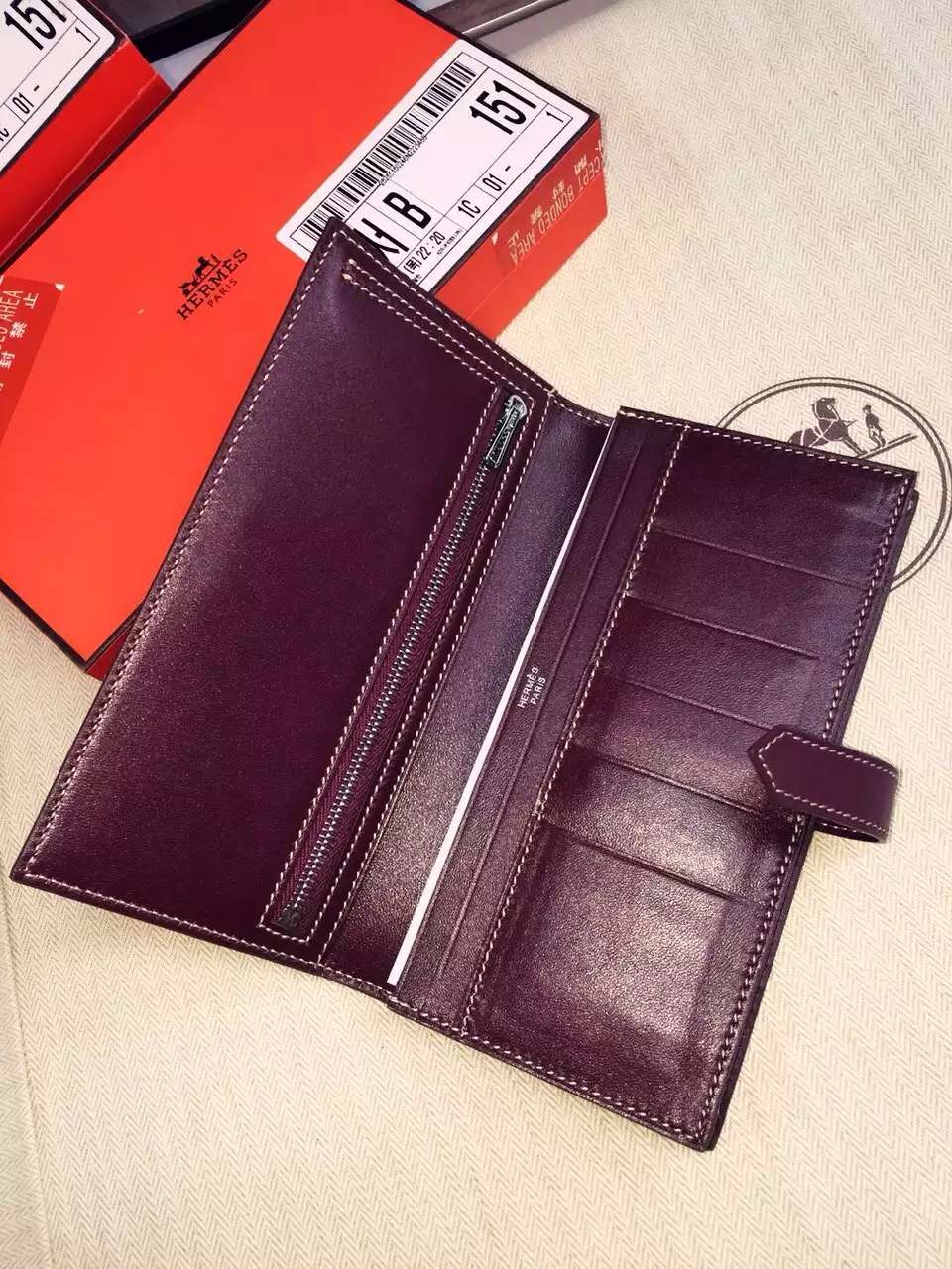 Hand Stitching Hermes Swift Leather Bean Wallet Long Purse in CK57 Bordeaux 19CM