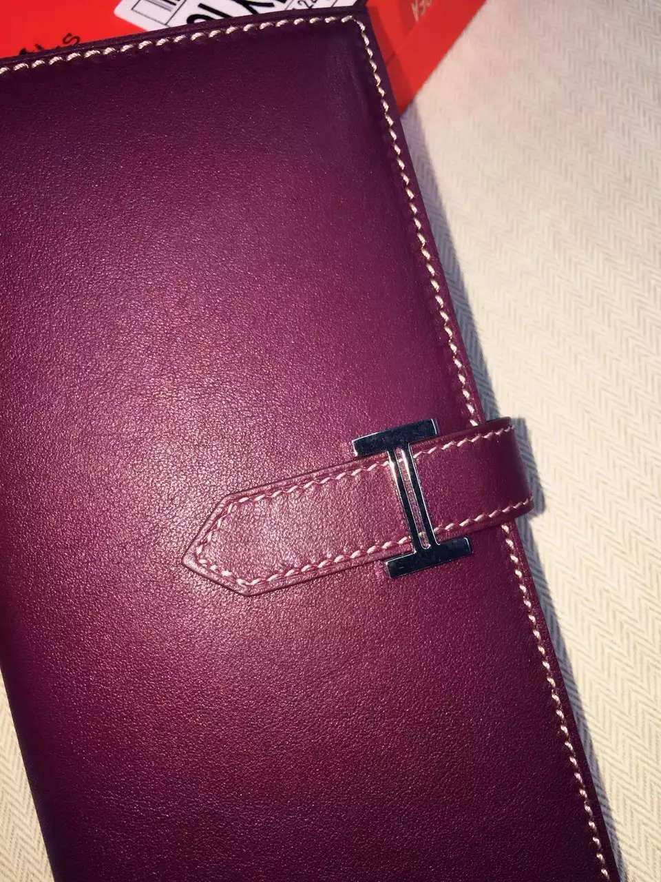 Hand Stitching Hermes Swift Leather Bean Wallet Long Purse in CK57 Bordeaux 19CM